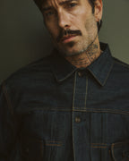 veste en jean selvedge indigo, denim japonais, zoom col